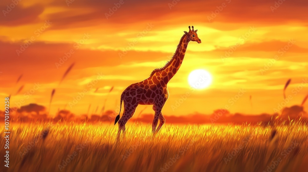 Obraz premium Majestic giraffe roaming through the savannah during golden hour wildlife observation