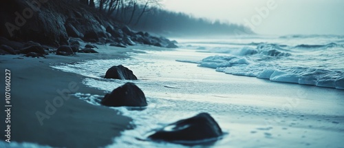 A tranquil coastline stretches along misty waves, where waves kiss the shore and engender a serene, reflective atmosphere in monochrome blues.