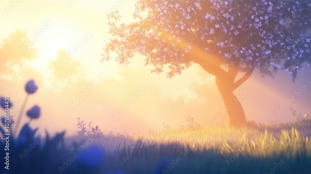 Serene spring morning shrouded in mist with gentle sunlight breaking through perfect for nature appreciation Serene spring morning shrouded in mist with gentle sunlight breaking through perfect for nature appreciation
