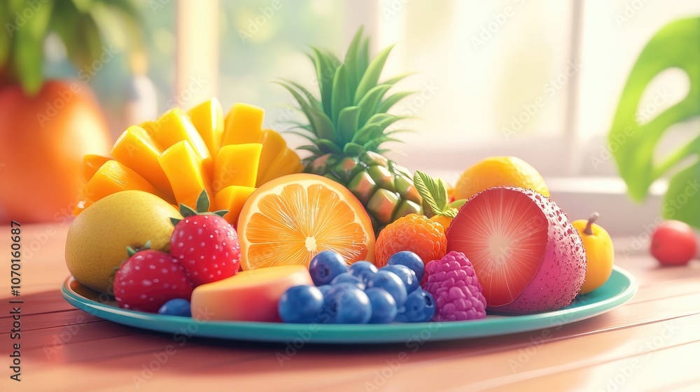Vibrant tropical fruit platter featuring an assortment of fresh fruits ideal for healthy breakfast choices Vibrant tropical fruit platter featuring an assortment of fresh fruits ideal for healthy breakfast choices