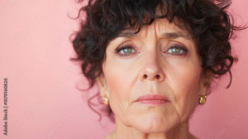 Close-up portrait of a woman with curly hair and green eyes, looking directly at the camera. Close-up portrait of a woman with curly hair and green eyes, looking directly at the camera.