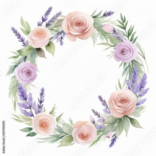 Romantic watercolor flower wreath with wildflowers and eucalyptus, light and graceful