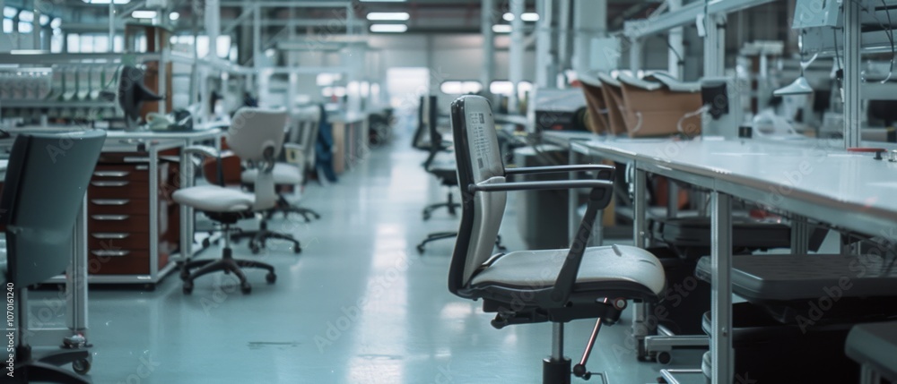 Fototapeta premium An empty industrial workspace filled with rows of desks and chairs, highlighting a sense of order, purpose, and potential innovation.