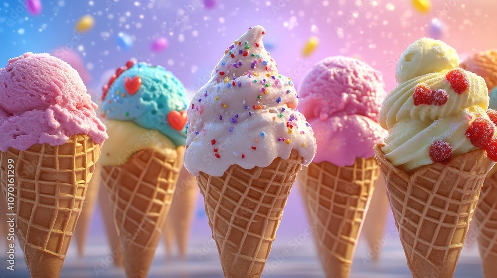 Assorted ice cream flavors served in delightful waffle cones perfect for outdoor summer gatherings Assorted ice cream flavors served in delightful waffle cones perfect for outdoor summer gatherings