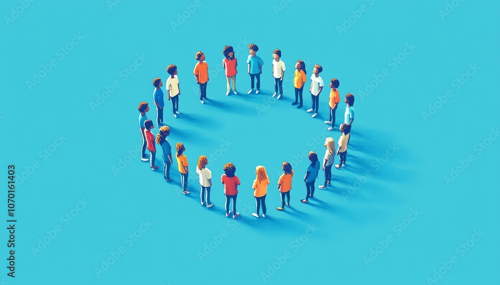 Simple cartoon of ten people in an open circle, facing one another, against a blue background, symbolizing dialogue and collaboration Simple cartoon of ten people in an open circle, facing one another, against a blue background, symbolizing dialogue and collaboration