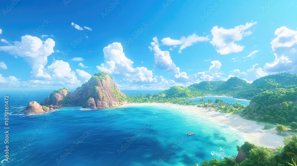 Panoramic view of the east coast of the island under a clear blue sky with wispy clouds showcasing natural beauty and tranquility Panoramic view of the east coast of the island under a clear blue sky with wispy clouds showcasing natural beauty and tranquility