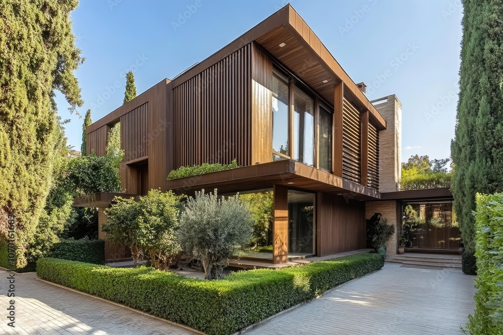 A modern, minimalist house in Spain with wooden slats on the walls, a low wall, and green hedges A modern, minimalist house in Spain with wooden slats on the walls, a low wall, and green hedges