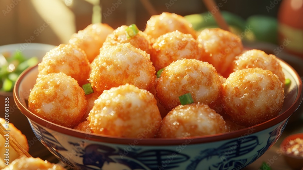 Closeup of fishballs with a golden crispy exterior highlighting a popular street food and snack option Closeup of fishballs with a golden crispy exterior highlighting a popular street food and snack option