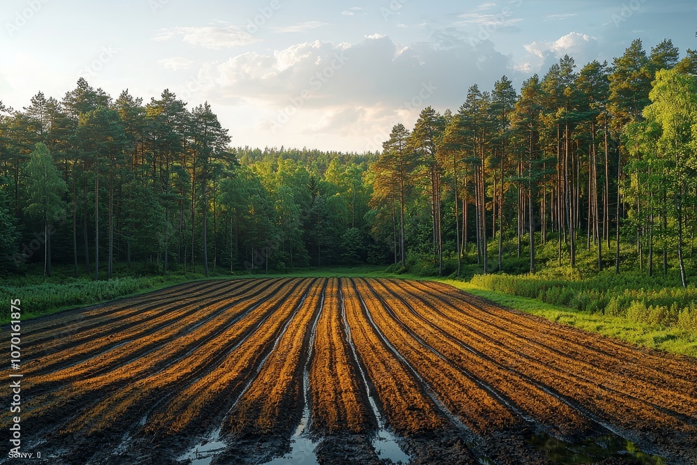 Sunlit rows in countryside with pine forest and rich soil at sunset Sunlit rows in countryside with pine forest and rich soil at sunset