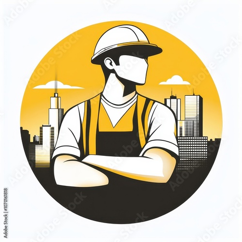 Confident construction worker with skyline backdrop 