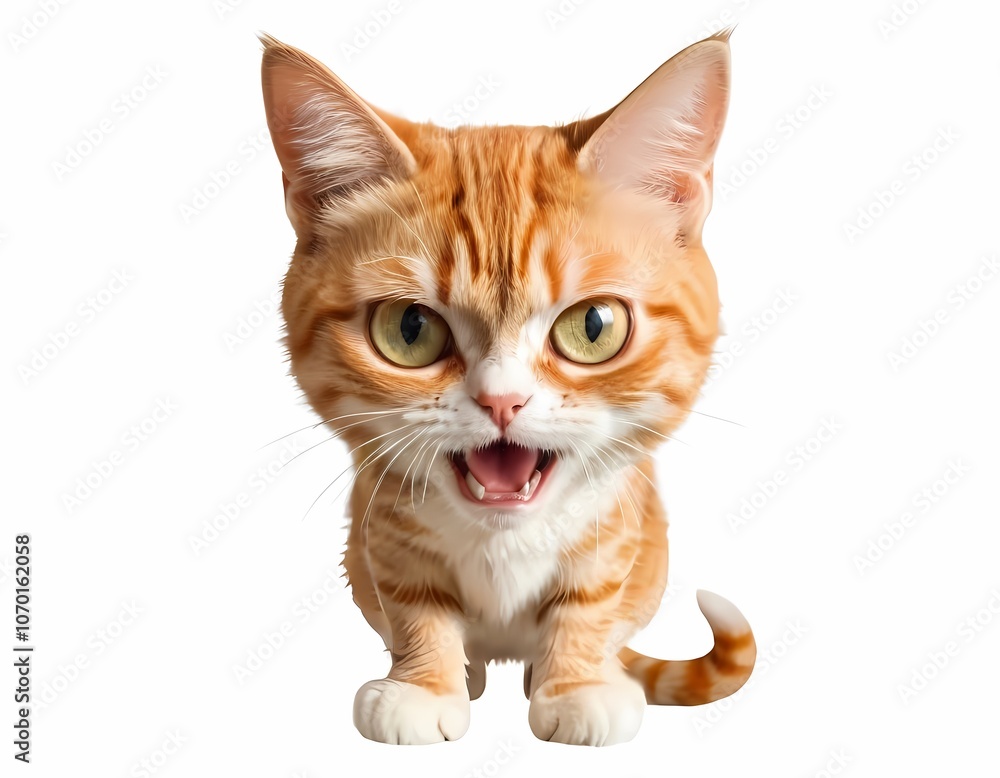 Obraz premium Angry surprised cat is screaming with its mouth wide open, looking curiously at the camera