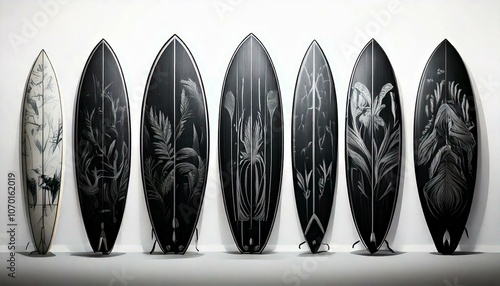 Set of Black Silhouettes Surfboards with pattern White Background