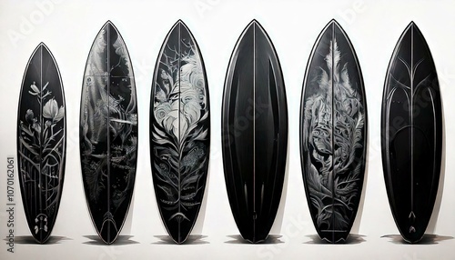 Set of Black Silhouettes Surfboards with pattern White Background