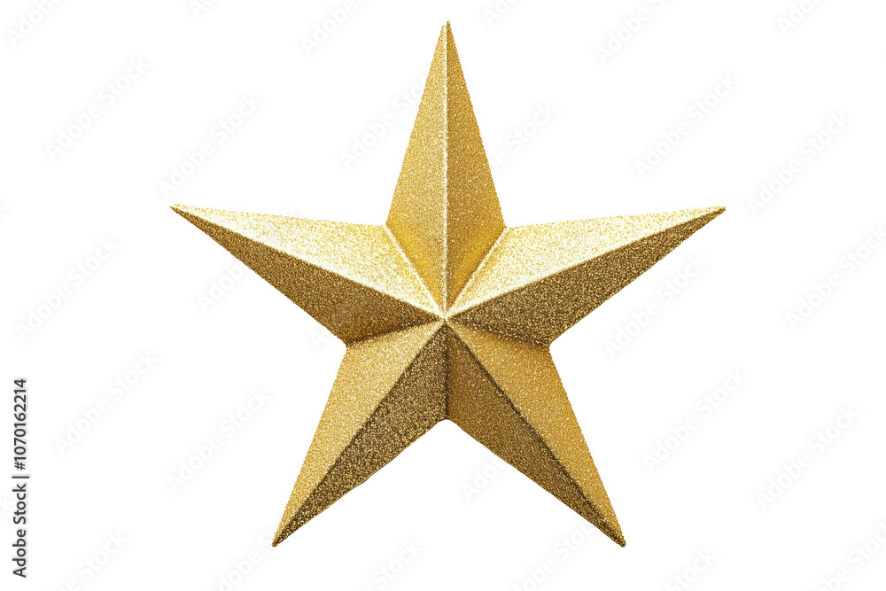 A bright gold glitter star decoration, Christmas tree topper isolated on white background. A bright gold glitter star decoration, Christmas tree topper isolated on white background.