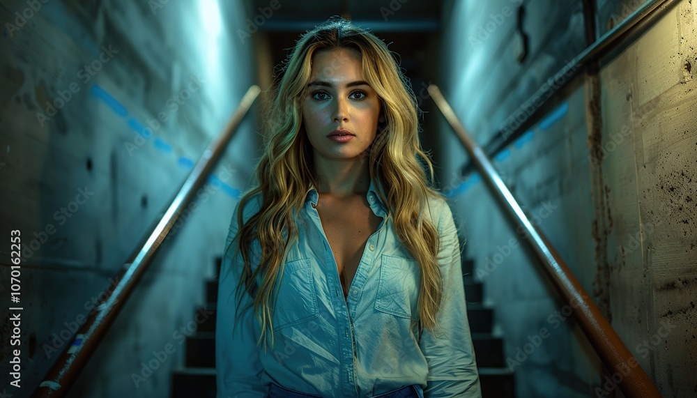 Obraz premium young woman walking up the stairs in a dark room
