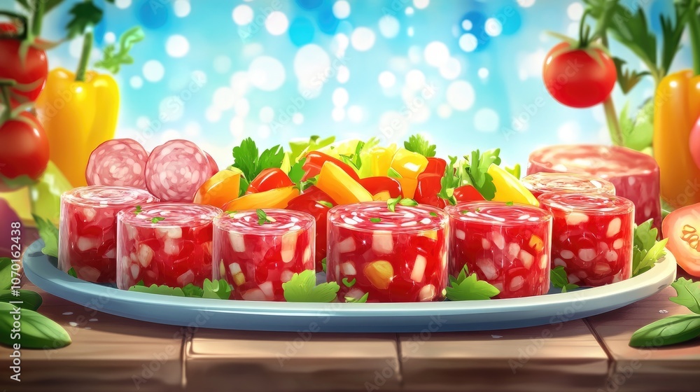 Romantic food tray featuring Romanian aspic pieces with sliced salami ham sausage fresh tomatoes and vibrant vegetable salad perfect for gatherings or parties Romantic food tray featuring Romanian aspic pieces with sliced salami ham sausage fresh tomatoes and vibrant vegetable salad perfect for gatherings or parties