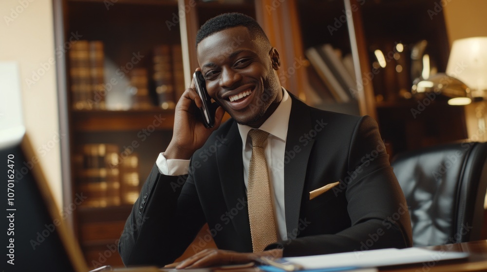 A man in a suit is talking on a cell phone while sitting at a desk A man in a suit is talking on a cell phone while sitting at a desk