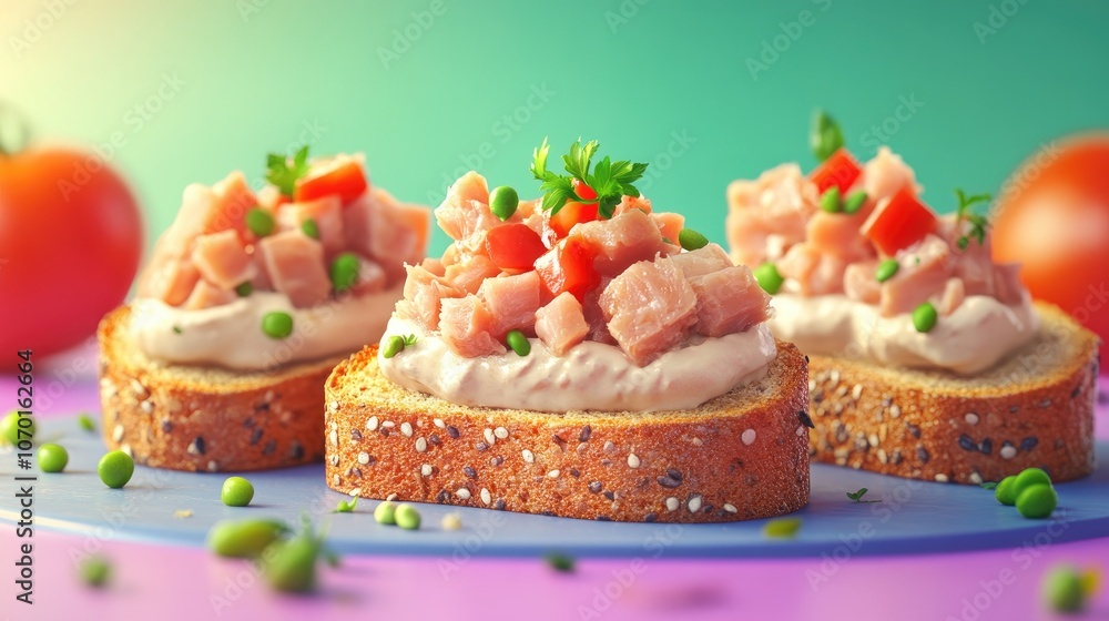 Close up of seed bread toast topped with creamy tuna rillettes perfect for gourmet snacks or appetizers Close up of seed bread toast topped with creamy tuna rillettes perfect for gourmet snacks or appetizers