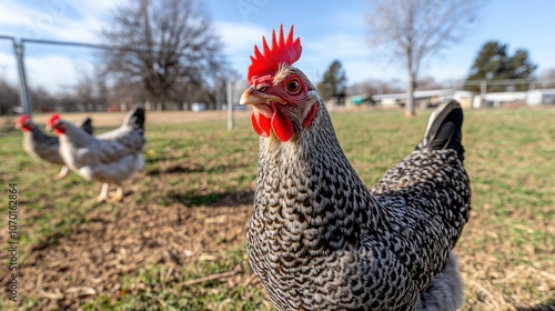 A proud chicken stands alert in a grassy field, showcasing its beautifully patterned feathers.