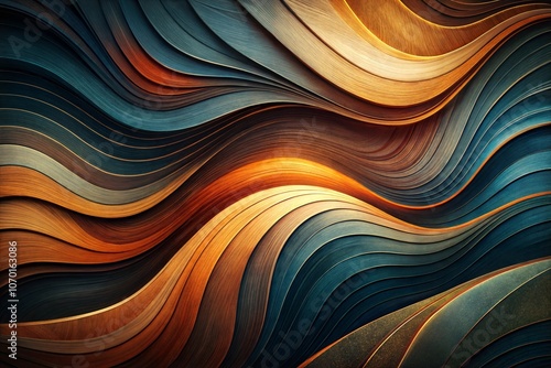 Abstract design of wavy lines in blue, orange, and brown shades, creating depth and movement. The gradient effect and curving lines resemble flowing waves or undulating terrain.