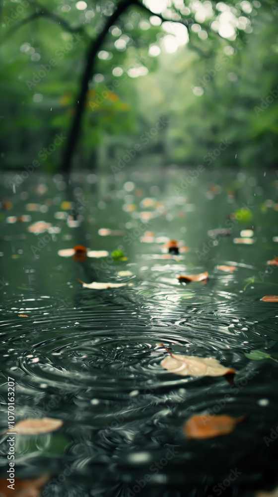 Fototapeta premium Calm Forest Pond with Raindrops and Floating Autumn Leaves