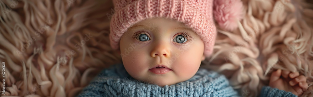 Adorable Baby with Blue Eyes Wearing Pink Knitted Hat and Blue Sweater Adorable Baby with Blue Eyes Wearing Pink Knitted Hat and Blue Sweater