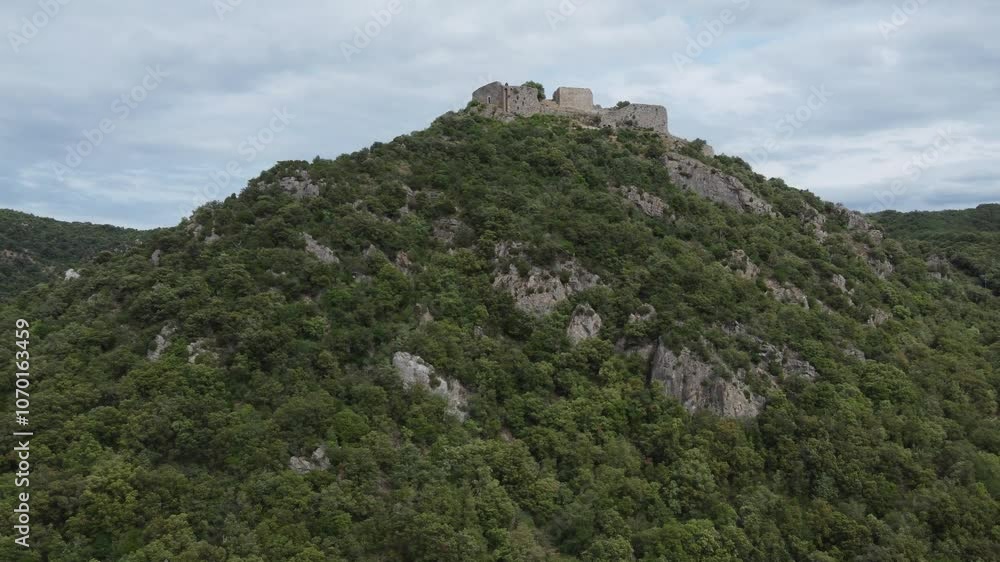 Remote aerial view of the Termes castle in France. Part of the Cathars castles group. Remote aerial view of the Termes castle in France. Part of the Cathars castles group.