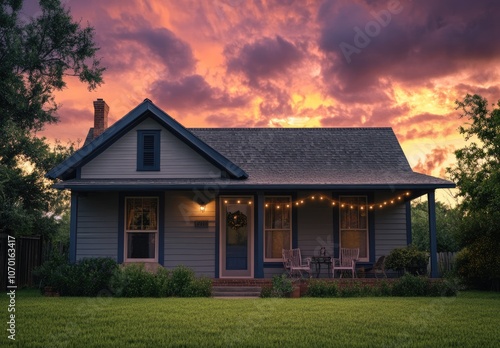 the exterior of an old, gray house with dark blue accents in Texas at dusk.