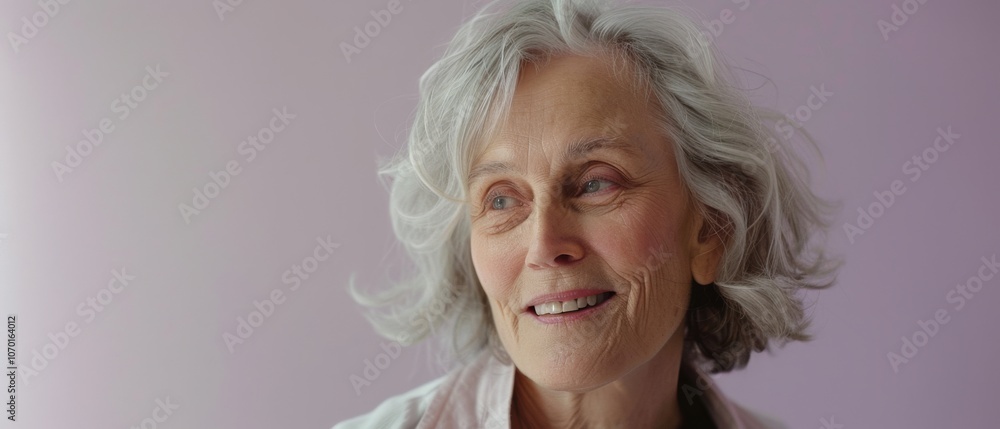 An elderly woman with silver hair smiles softly, creating a warm and gentle ambiance against a soft pink background. An elderly woman with silver hair smiles softly, creating a warm and gentle ambiance against a soft pink background.