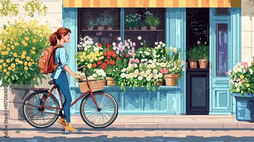 Woman with a Bicycle and Flowers in Front of a Flower Shop