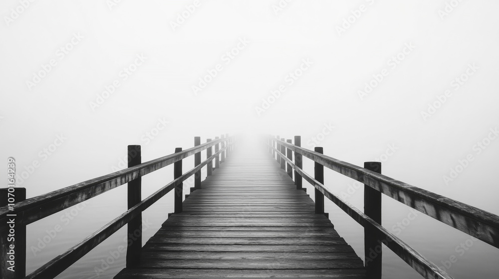 Naklejka premium Misty wooden pier leading into foggy horizon