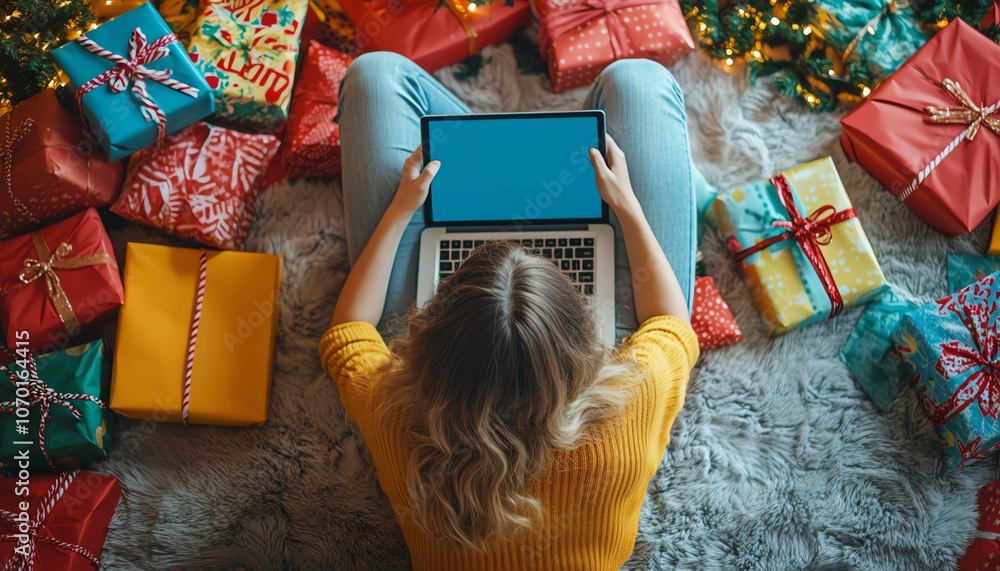 Fototapeta premium A woman sitting with a laptop and mobile phone, displaying a blue shop logo, surrounded by vibrant gift boxes, representing online shopping and gift delivery service