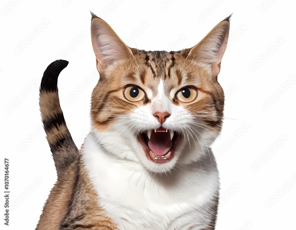 Obraz premium Angry surprised cat is screaming with its mouth wide open, looking curiously at the camera