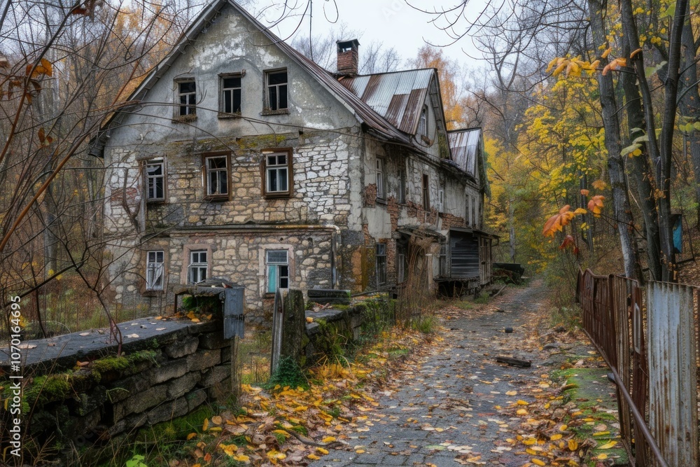 Fototapeta premium Stone house with broken windows is slowly decaying in a colorful autumn forest