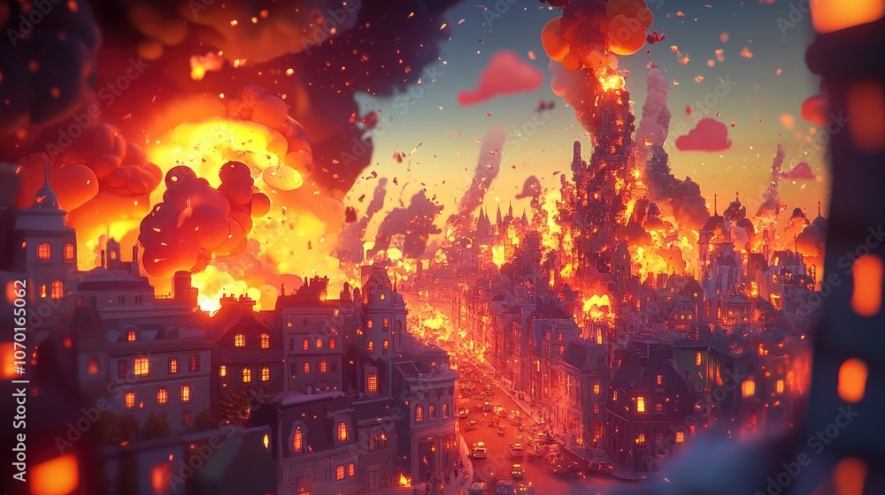Dramatic illustration of a city engulfed in flames showcasing chaos and destruction Dramatic illustration of a city engulfed in flames showcasing chaos and destruction