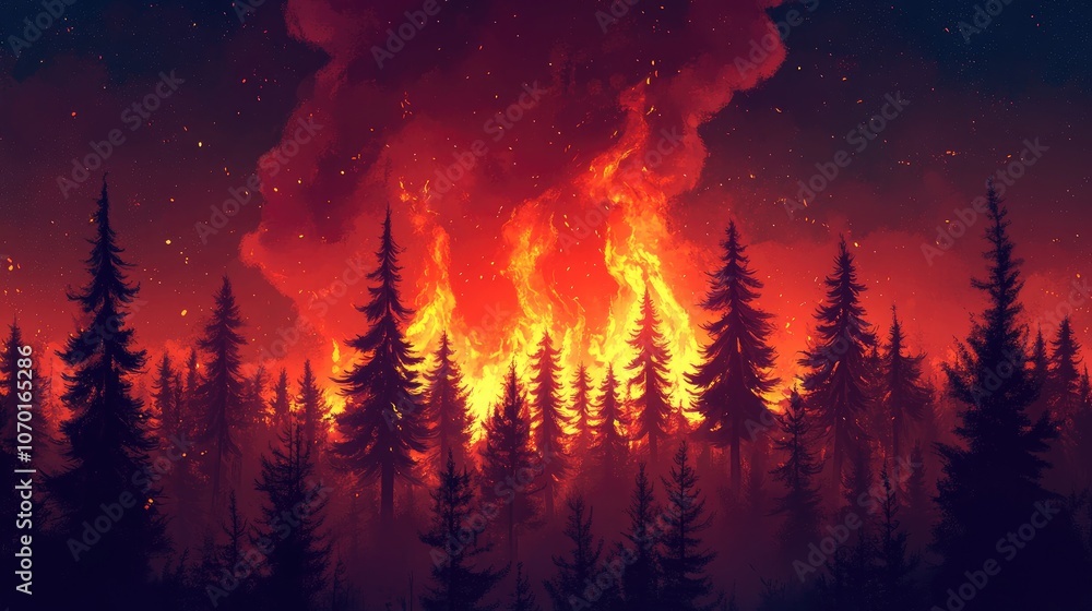 Dramatic view of a forest wildfire at night showcasing tree silhouettes against a fiery red sky filled with heavy smoke Dramatic view of a forest wildfire at night showcasing tree silhouettes against a fiery red sky filled with heavy smoke