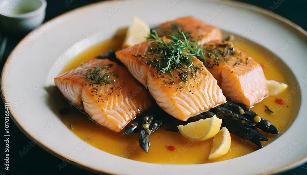 Grilled salmon fillets with herbs and lemon sauce on plate for gourmet dining experience
