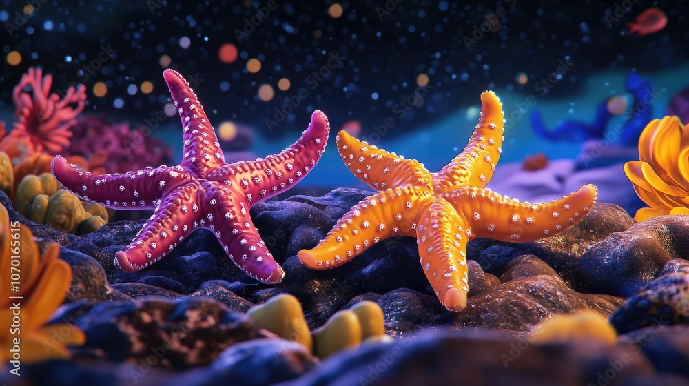 Close up of seven armed starfish displaying tube feet gliding over a rocky seabed marine life exploration Close up of seven armed starfish displaying tube feet gliding over a rocky seabed marine life exploration