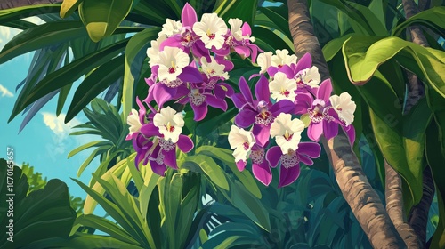 Dendrobium tarberi vibrant king orchid blooming on a lush fig tree showcasing nature s harmony photo