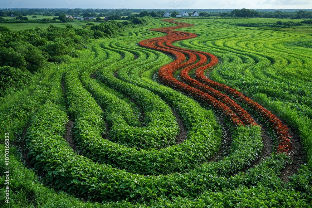 Vibrant agricultural landscape with curved rows of green and red crops Vibrant agricultural landscape with curved rows of green and red crops
