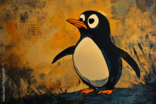 A painting of a penguin standing in front of a yellow background photo