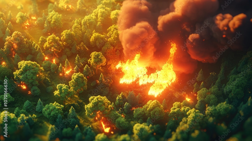 Aerial view of a wildfire raging through a dense forest showcasing environmental impact and urgency Aerial view of a wildfire raging through a dense forest showcasing environmental impact and urgency