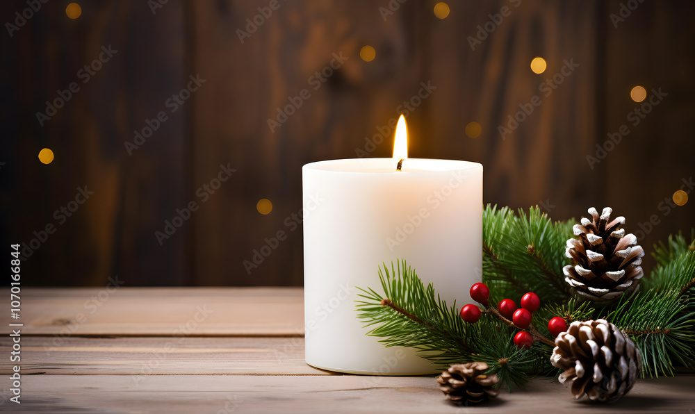 A single white candle is burning with a bright flame on a rustic, textured wooden table, casting a warm, cozy glow in a dimly lit environment. Merry Christmas and Happy New Year concept. A single white candle is burning with a bright flame on a rustic, textured wooden table, casting a warm, cozy glow in a dimly lit environment. Merry Christmas and Happy New Year concept.