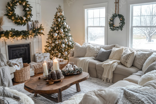 cozy living room decorated for Christmas with fireplace, Christmas tree, and gifts, inviting warm and festive atmosphere