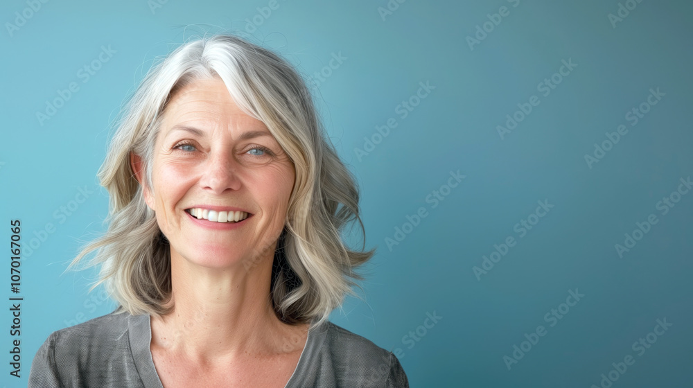 Smiling middle-aged woman with gray hair against blue background Smiling middle-aged woman with gray hair against blue background