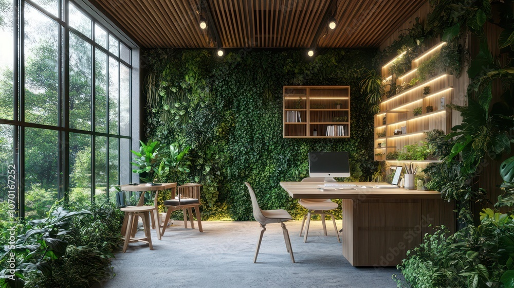 Fototapeta premium European team focusing on eco-conscious virtual psychology care, serene nature-themed workspace,