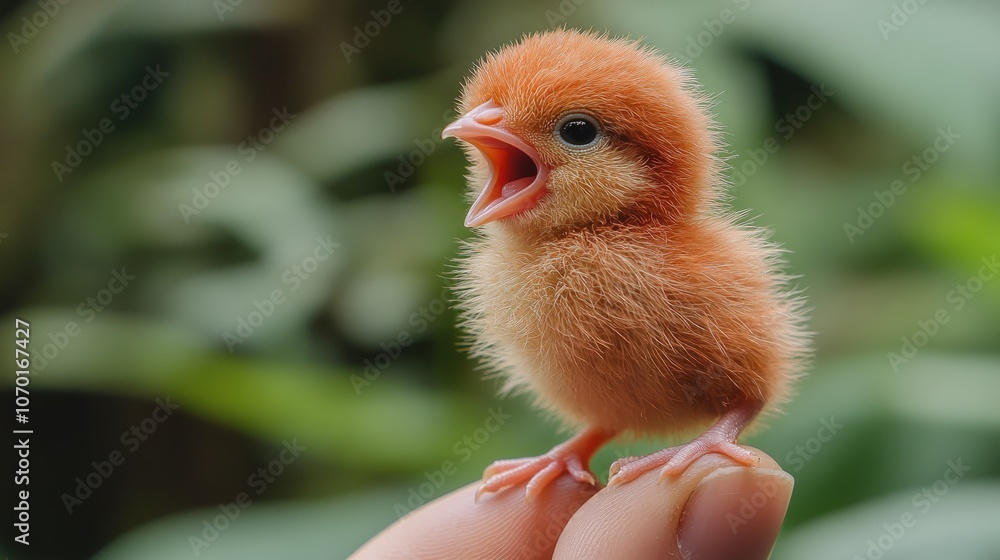 Obraz premium A tiny, fluffy brown chick with its mouth open, perched on a finger against a green blurred background.