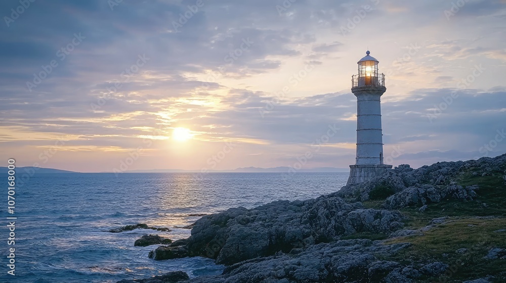 A lighthouse stands tall on a rocky cliff overlooking a vast ocean at sunset. A lighthouse stands tall on a rocky cliff overlooking a vast ocean at sunset.