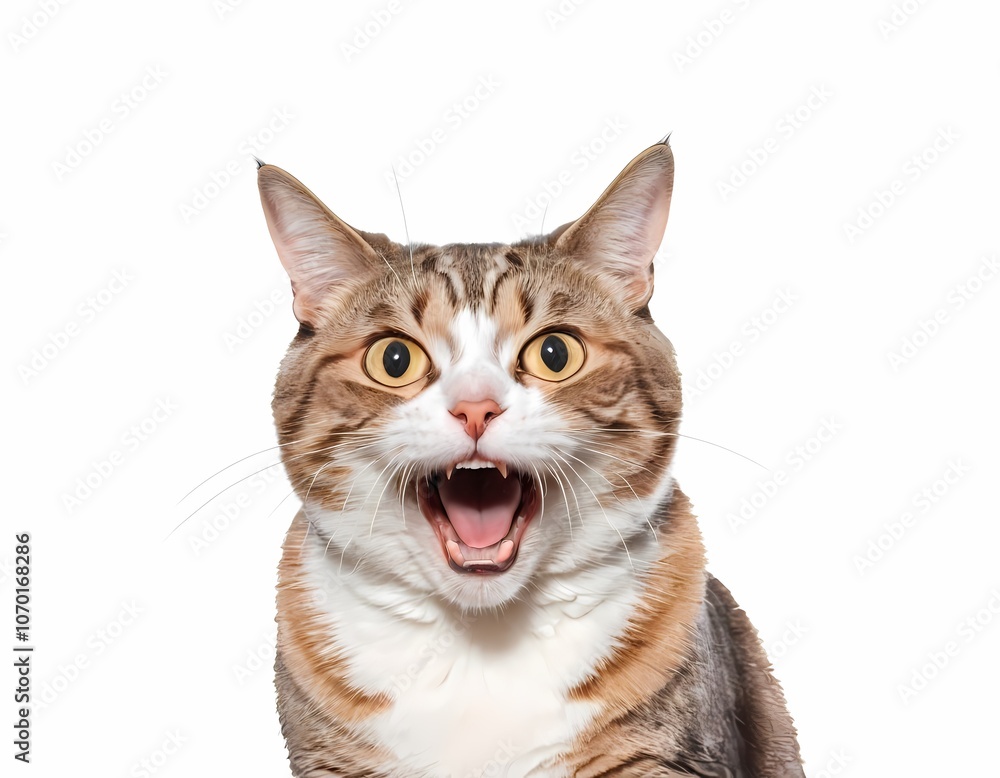 Angry surprised cat is screaming with its mouth wide open, looking curiously at the camera Angry surprised cat is screaming with its mouth wide open, looking curiously at the camera