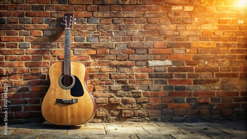 Acoustic guitar against weathered brick wall in sunlight